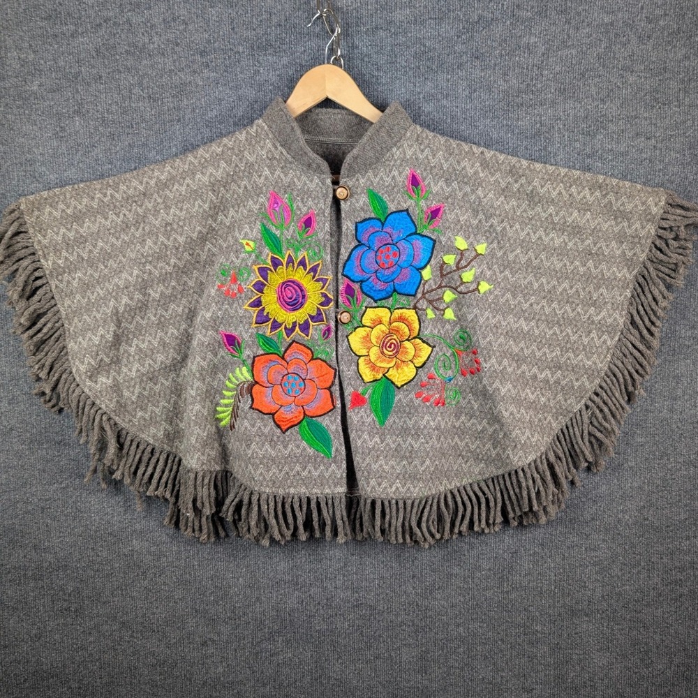 Hand Embroidered Floral Wool Blend Fringe Poncho Grey Chevron Capelet One Size